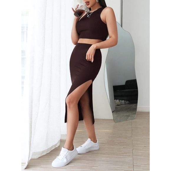 2 piece set: Tank crop Top & Split Thigh midi Skirt set black - Picture 5 of 7